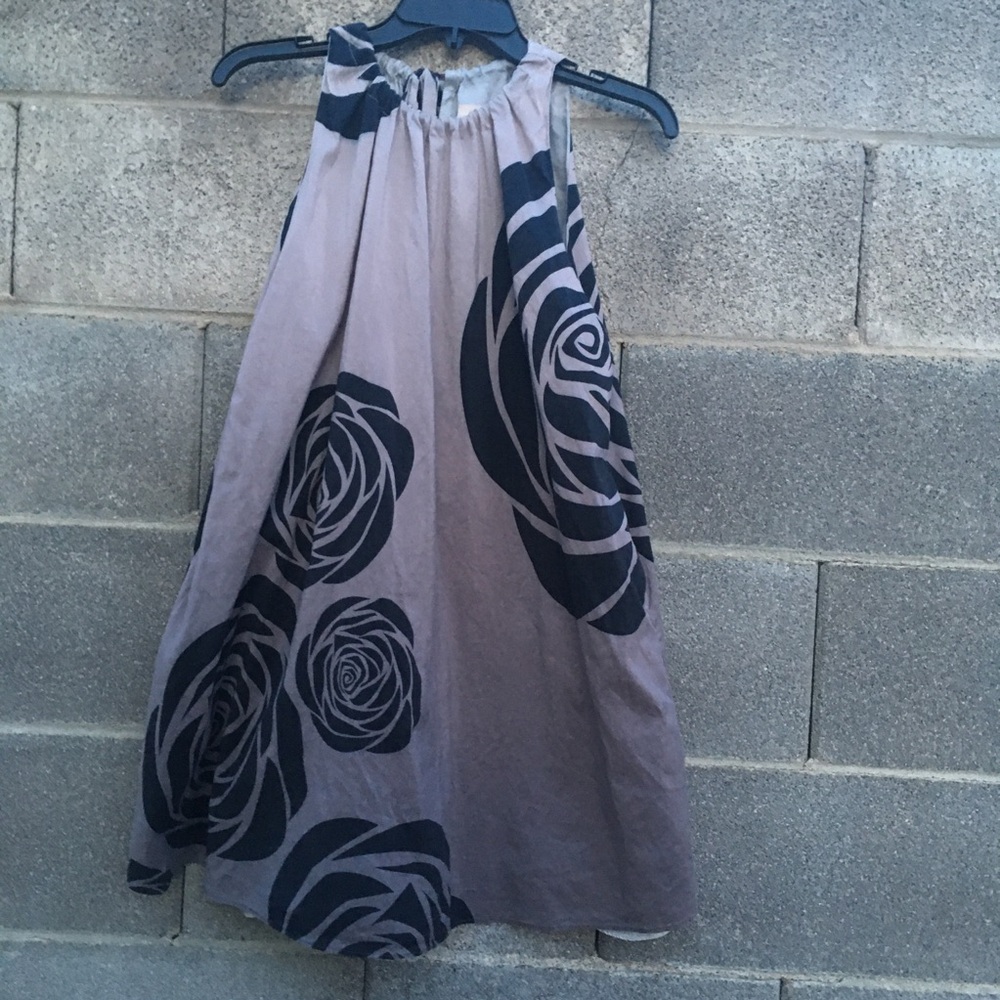 Samantha Treacy A-line Mini Dress Size 8 Grey W/Black Roses Tie At Neck Pockets